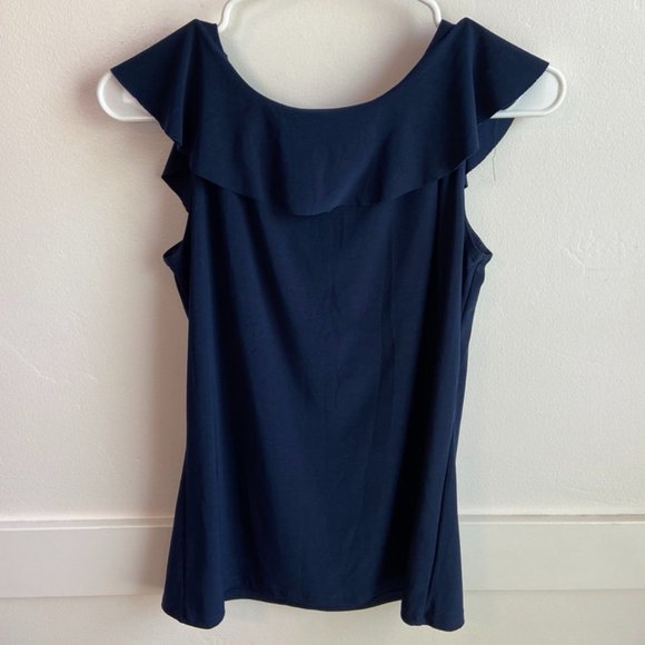 Claudia Richard Dark Blue Ruffle Short Sleeve Blouse - Picture 2 of 4